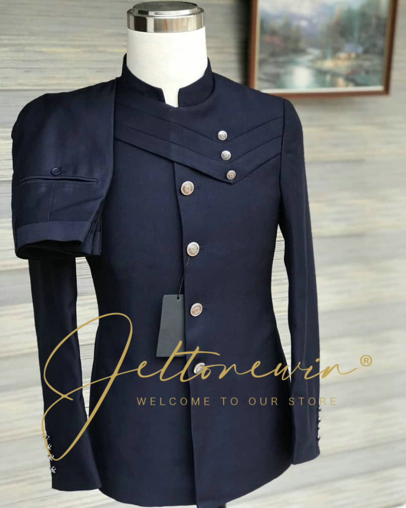 Men'S Formal Wear In Wedding - Marineblauwe herenkostuumset met opstaande kraag in