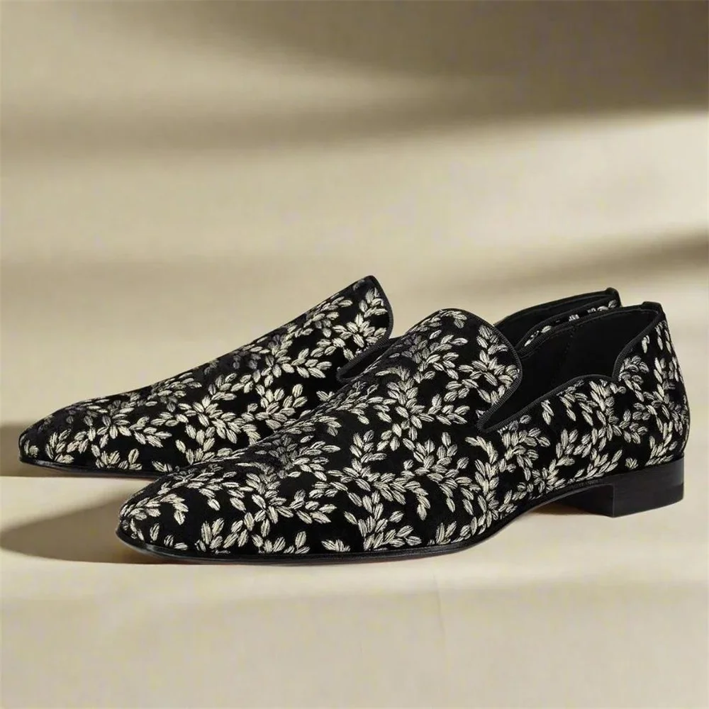 Formal Upper Wear Men - Heren zwarte bloemenprint instappers, gesloten vierkante
